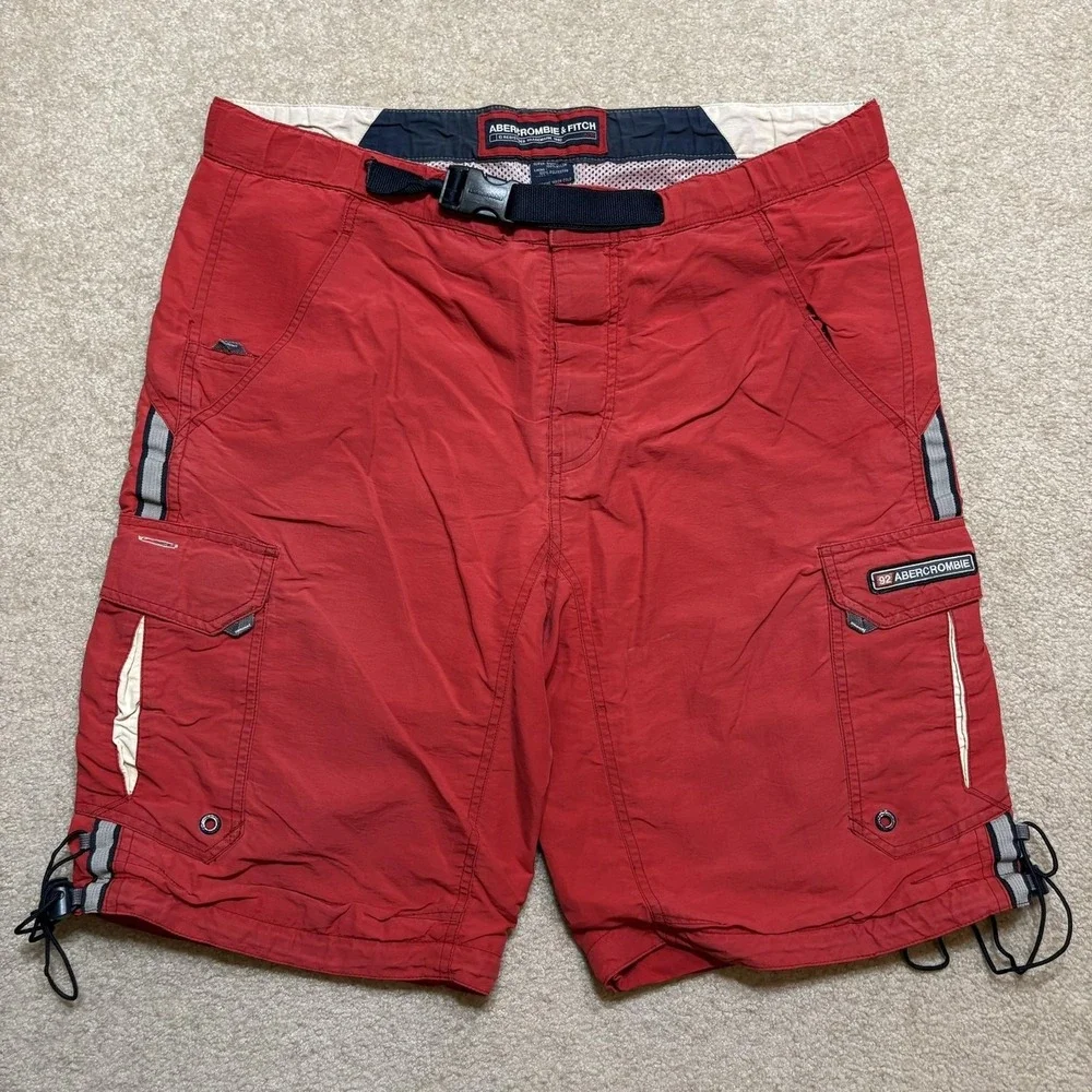 Vtg Abercrombie & Fitch Swim Shorts Mens Medium Red Lined Cargo Trunks Belt 90s